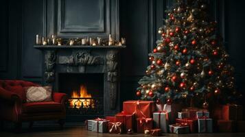 Beautiful Christmas background with a decorated Christmas tree in the living room near the fireplace, AI Generated. photo