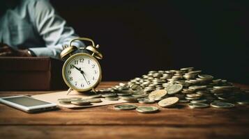 Clock and pile of money on wooden table with overworked businessman The concept of overtime and life balance AI Generated. photo