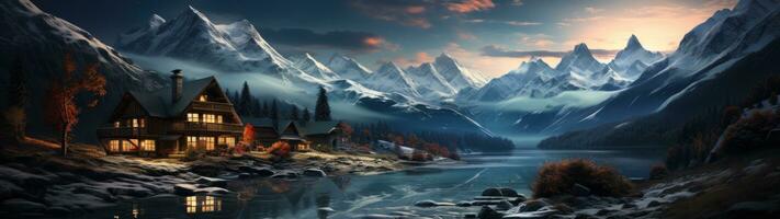 Cabin in the valley, mountains as the background AI Generated. photo