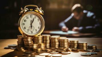Clock and pile of money on wooden table with overworked businessman The concept of overtime and life balance AI Generated. photo