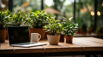 Workspace with laptop computer, notebook, cup of coffee, tropical houseplants AI Generated. photo