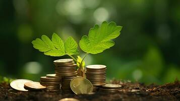 Coins and trees planted on piles of coins for finance and banking AI Generated. photo