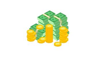 Big pile of cash money and some gold coins. Heap of packed dollar bills. This logo can be easily app vector