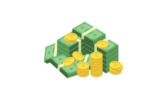 Big pile of cash money and some gold coins. Heap of packed dollar bills. This logo can be easily app vector