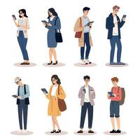 Collection of happy men and women are using smartphones or tablets for working, communication, sending messages, chatting, browsing the internet, and using social networking. Vector illustration.