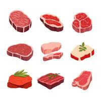 Collection set of fresh meat products pork meat bacon steak for grill or barbecue. Cartoon vector illustration.