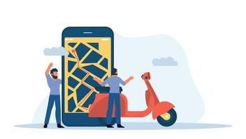 un hombre en un scooter usos un navegador en su teléfono inteligente a obtener a su destino vector ilustración