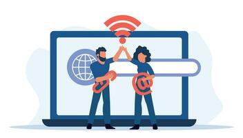 Businessman used technology and internet to connect his business to a global network with people, ensuring GDPR compliance and community telecommunication vector illustration