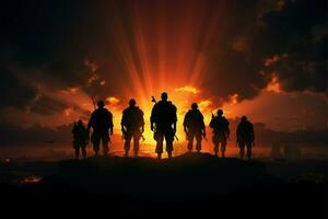 Silhouetted soldiers against a backdrop of intense and electrifying energy AI Generated photo