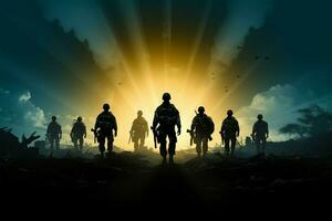 Striking army soldier silhouettes evoke strength, discipline, and valor AI Generated photo