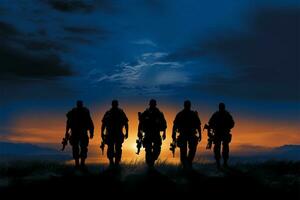 Silhouettes of a four person military squad symbolize teamwork and commitment AI Generated photo