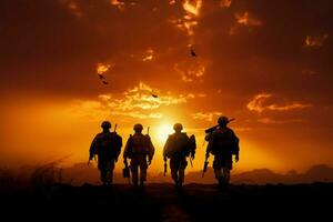 Soldiers in silhouette, united, as the sun bids farewell AI Generated photo