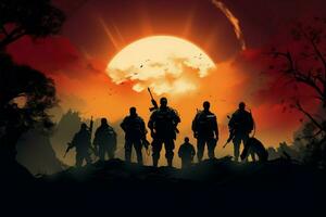 Soldiers silhouettes in Shadows of Valor, a testament to bravery AI Generated photo