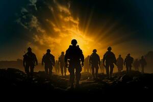 Silhouetted army soldiers command attention with their unwavering presence AI Generated photo