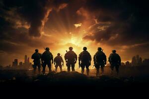 Silhouetted soldiers stand strong against the tranquil canvas of the sunset AI Generated photo