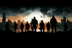 Silhouetted troops, urban setting, guns symbolize protection and vigilance AI Generated photo