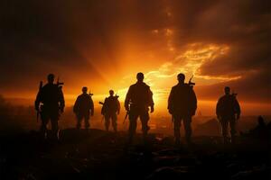 Sun kissed silhouettes of warriors stand strong on the battlefield AI Generated photo