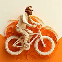 un hombre en lentes paseos un bicicleta en un 3d fondo, ai generativo foto