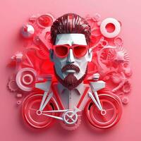 3d personaje de adulto hombre en lentes y bicicleta en rosado fondo, ai generativo foto