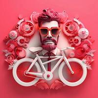 3d personaje de adulto hombre en lentes y bicicleta en rosado fondo, ai generativo foto