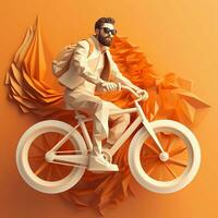 un hombre en lentes paseos un bicicleta en un 3d fondo, ai generativo foto