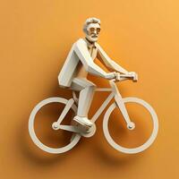 3d personaje de hombre montando un bicicleta en un naranja fondo, ai generativo foto