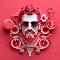 3D character of adult man in glasses and bicycle on pink background, AI Generative photo