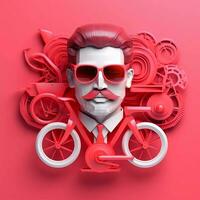 3d personaje de adulto hombre en lentes y bicicleta en rosado fondo, ai generativo foto