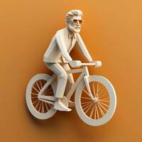 3d personaje de hombre montando un bicicleta en un naranja fondo, ai generativo foto