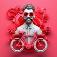 3d personaje de adulto hombre en lentes y bicicleta en rosado fondo, ai generativo foto