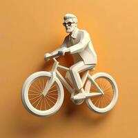 3d personaje de hombre montando un bicicleta en un naranja fondo, ai generativo foto