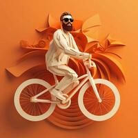 un hombre en lentes paseos un bicicleta en un 3d fondo, ai generativo foto