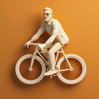 3d personaje de hombre montando un bicicleta en un naranja fondo, ai generativo foto