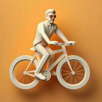 3d personaje de hombre montando un bicicleta en un naranja fondo, ai generativo foto