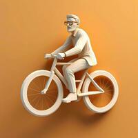3d personaje de hombre montando un bicicleta en un naranja fondo, ai generativo foto
