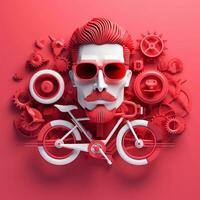 3d personaje de adulto hombre en lentes y bicicleta en rosado fondo, ai generativo foto