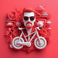 3d personaje de adulto hombre en lentes y bicicleta en rosado fondo, ai generativo foto