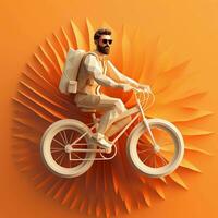 un hombre en lentes paseos un bicicleta en un 3d fondo, ai generativo foto