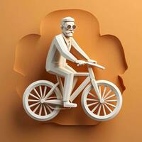 3d personaje de hombre montando un bicicleta en un naranja fondo, ai generativo foto