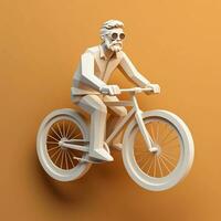 3d personaje de hombre montando un bicicleta en un naranja fondo, ai generativo foto