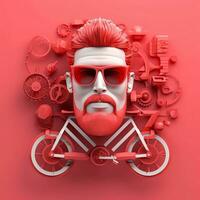 3d personaje de adulto hombre en lentes y bicicleta en rosado fondo, ai generativo foto