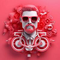 3d personaje de adulto hombre en lentes y bicicleta en rosado fondo, ai generativo foto