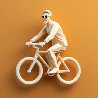 3d personaje de hombre montando un bicicleta en un naranja fondo, ai generativo foto