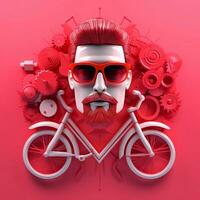 3d personaje de adulto hombre en lentes y bicicleta en rosado fondo, ai generativo foto