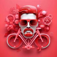 3D character of adult man in glasses and bicycle on pink background, AI Generative photo