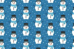 Cute Vector Snowman Seamless Pattern. Falling Snowflakes on Blue Background. Christmas and New Year Design