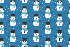 Cute Vector Snowman Seamless Pattern. Falling Snowflakes on Blue Background. Christmas and New Year Design