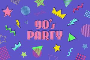 90s party text, abstract banner, retro style poster, bright letters on violet background vector