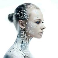 a half robot woman from the future on an isolated white background, AI Generative photo