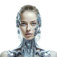 a half robot woman from the future on an isolated white background, AI Generative photo